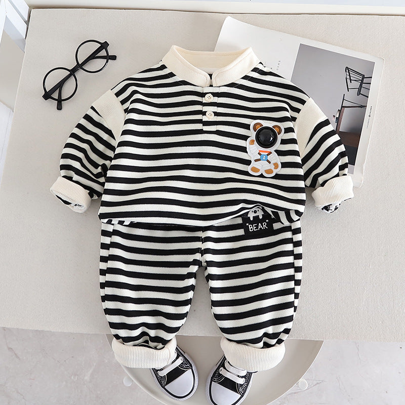 Letter Stripes Loose Round Neck Boys' Long Sleeve Sweater Suit