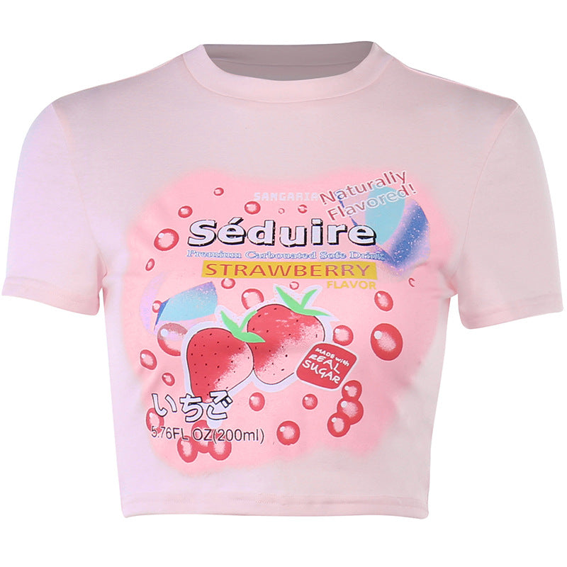 Crewneck Pink Printed Short-sleeved Summer Blouse For Women