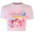 Crewneck Pink Printed Short-sleeved Summer Blouse For Women