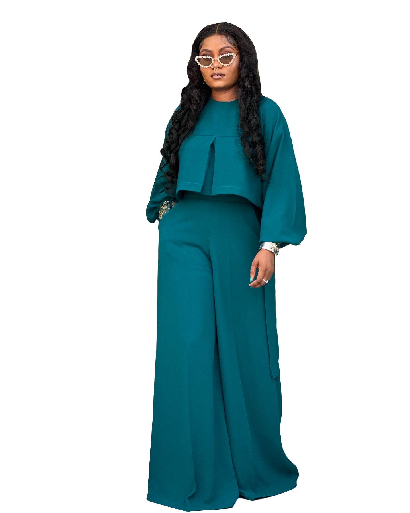 Round-neck Top With Asymmetrical Lantern Sleeves And Loose Wide-leg Pants