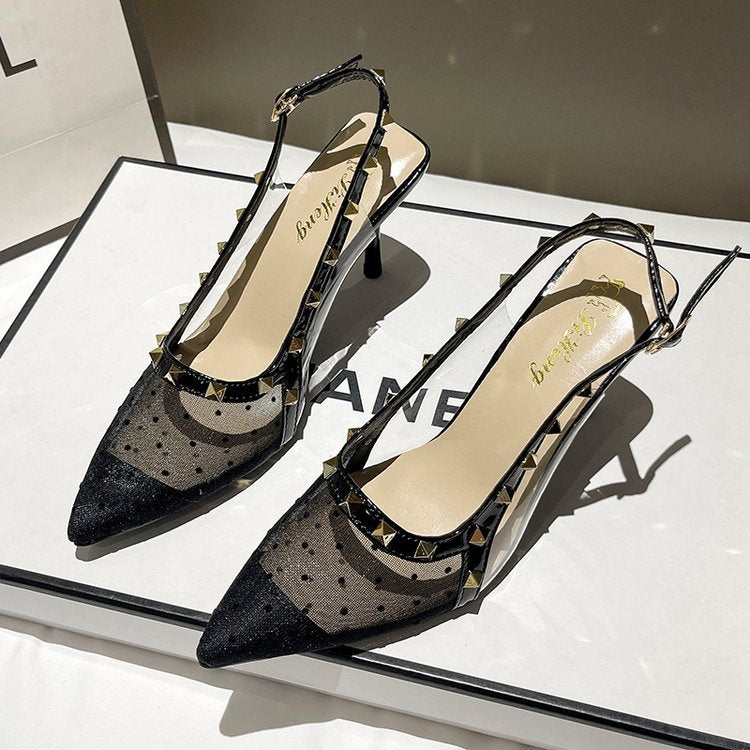 Damen Polka Dot Mesh Stiletto-Sandalen mit spitzer Zehenpartie und Nietenapplikation