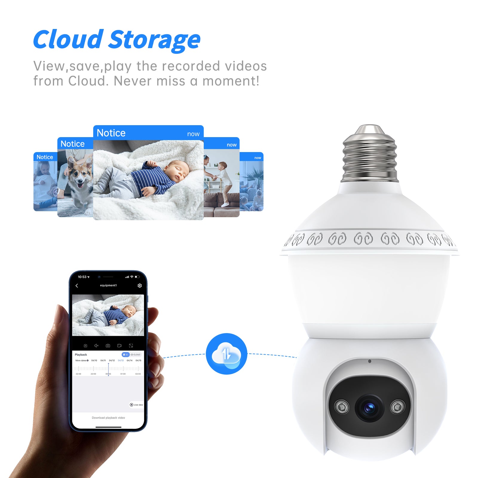 PTZ Lampenkamera E27 Vollfarbige Panoramische HD-WLAN-Glühbirnenüberwachung CMOS für Zuhause Schwenk-/Neigefunktion Cloud