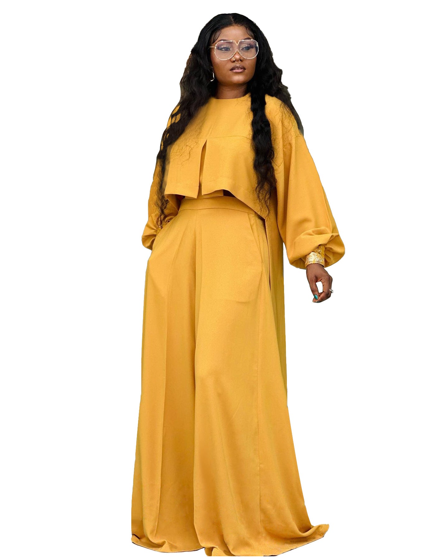 Round-neck Top With Asymmetrical Lantern Sleeves And Loose Wide-leg Pants