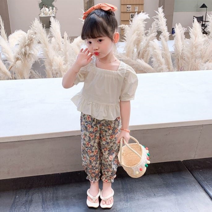 Girls Summer Floral Mosquito Pants Two-piece Suit