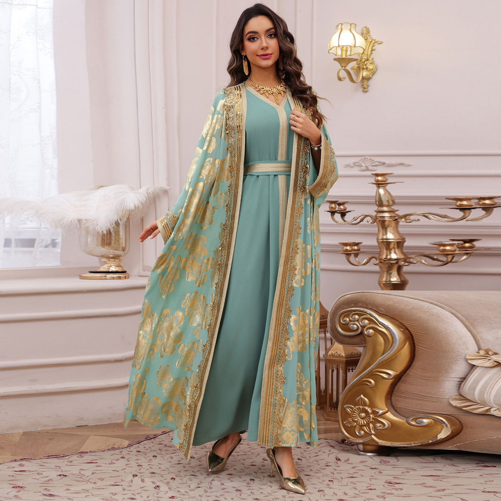 Womens Fashion Gold-Embossed Robe Dress Set