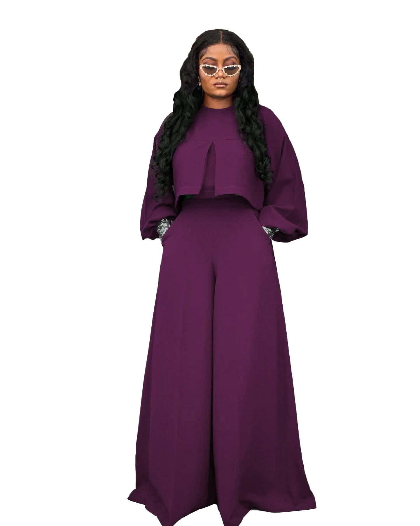 Round-neck Top With Asymmetrical Lantern Sleeves And Loose Wide-leg Pants
