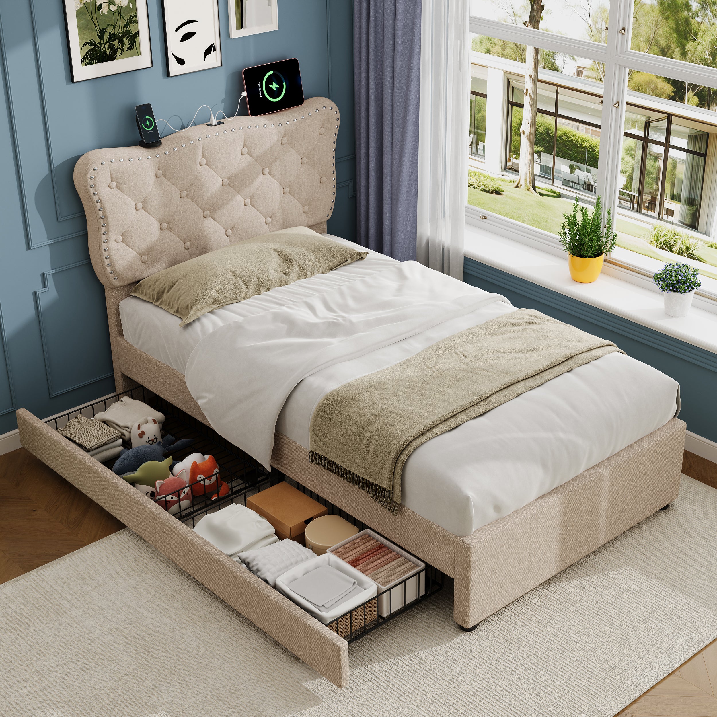 3ft Single Upholstered Bed With Rivet Design