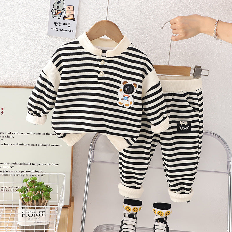 Letter Stripes Loose Round Neck Boys' Long Sleeve Sweater Suit