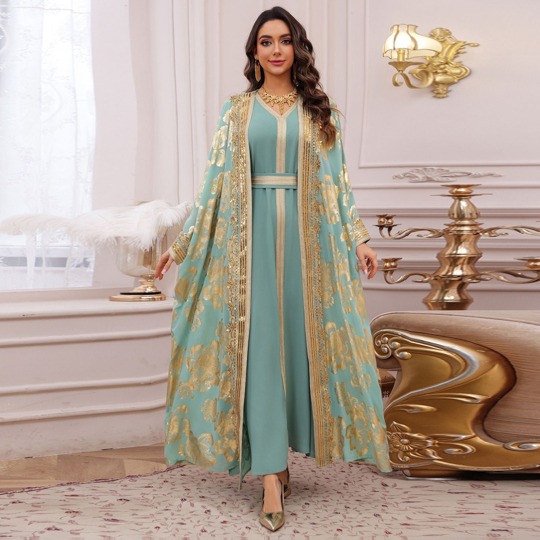 Womens Fashion Gold-Embossed Robe Dress Set