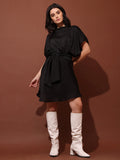 Women Solid Brown Cowl Neck Half Sleeves Flared Mini Dress