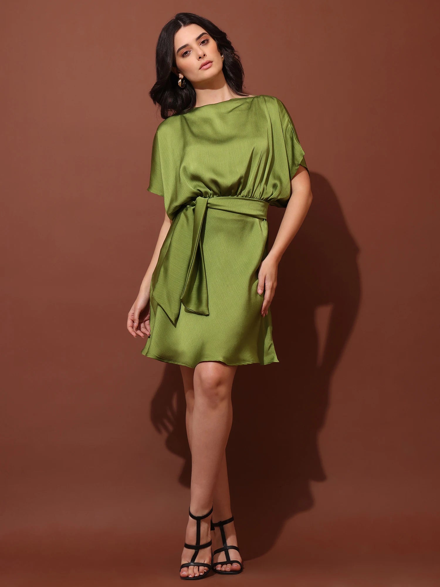 Women Solid Brown Cowl Neck Half Sleeves Flared Mini Dress
