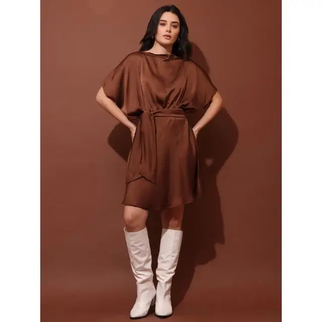 Women Solid Brown Cowl Neck Half Sleeves Flared Mini Dress