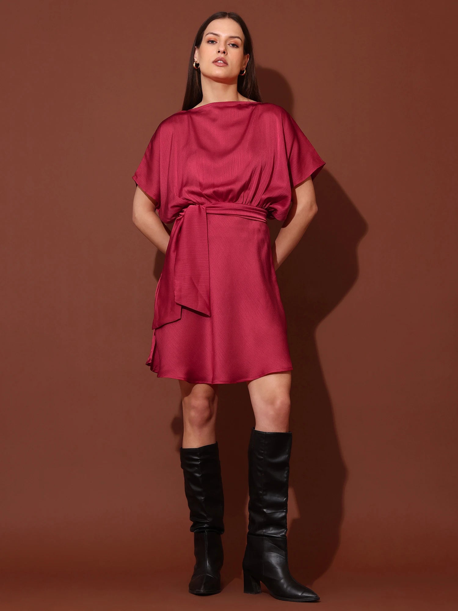 Women Solid Brown Cowl Neck Half Sleeves Flared Mini Dress
