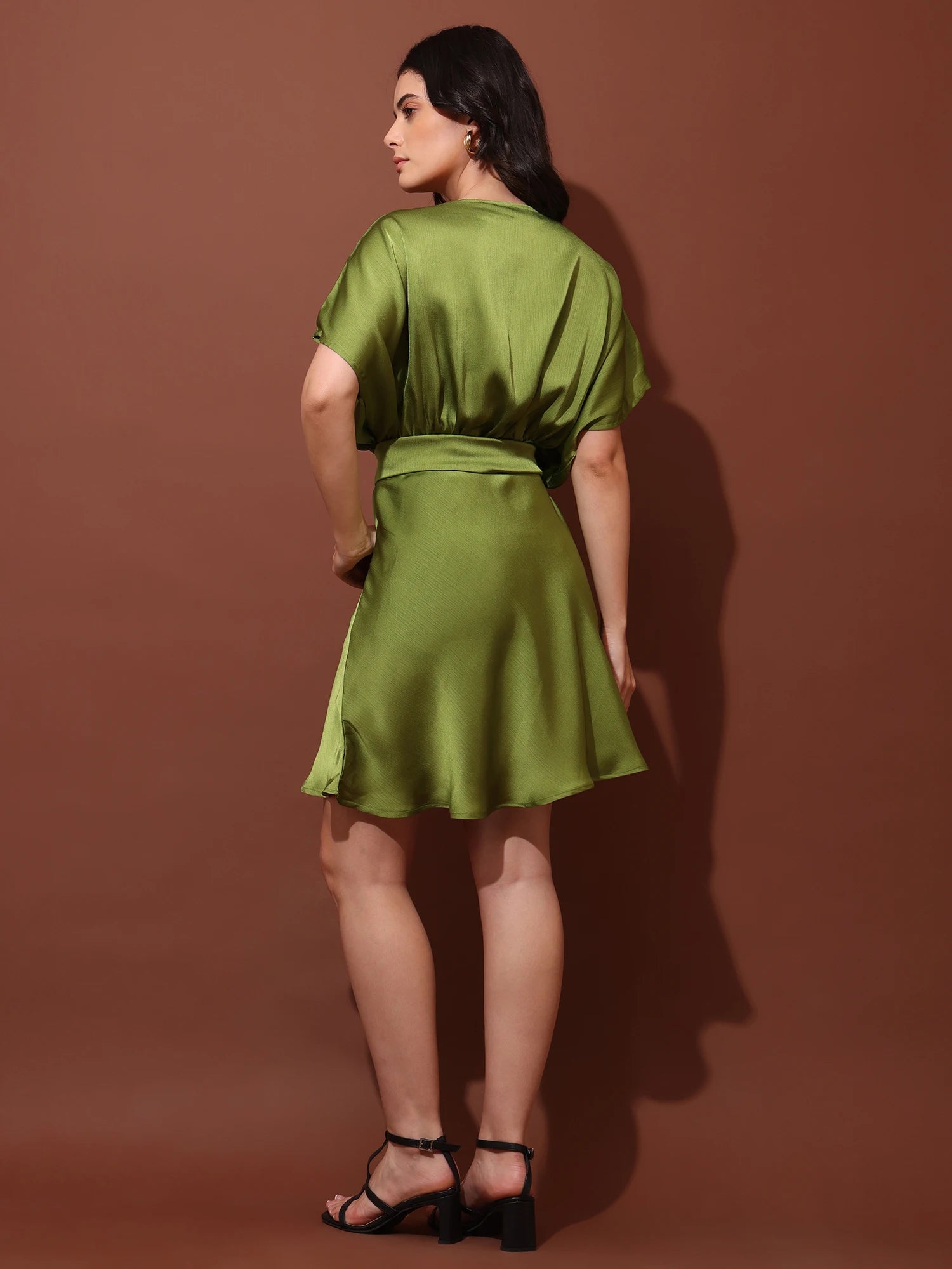 Women Solid Brown Cowl Neck Half Sleeves Flared Mini Dress