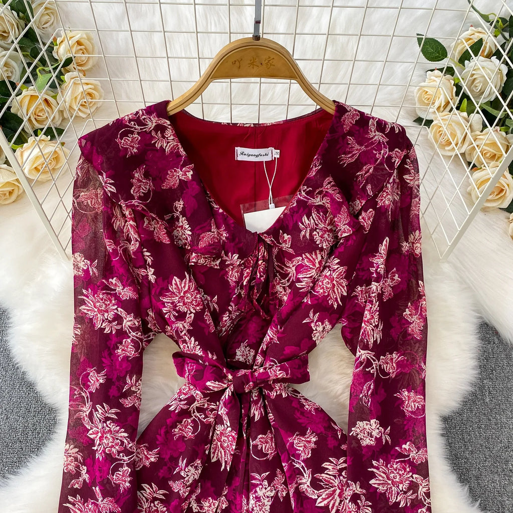 Women's Chiffon Elegant Ruffled V-neck Long-sleeved Dress