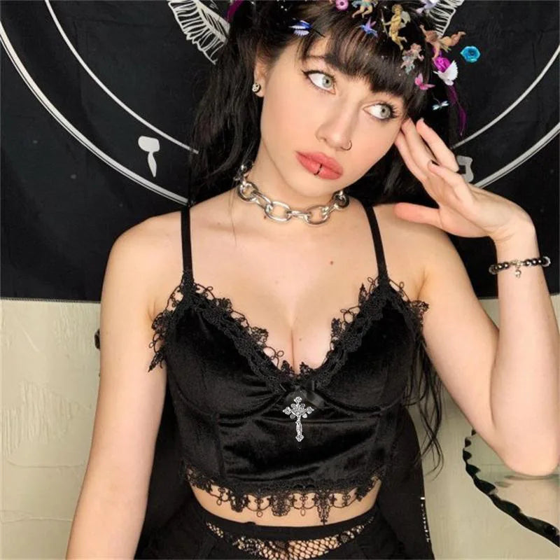 Velvet Mall Goth Crop Tops Black Lace