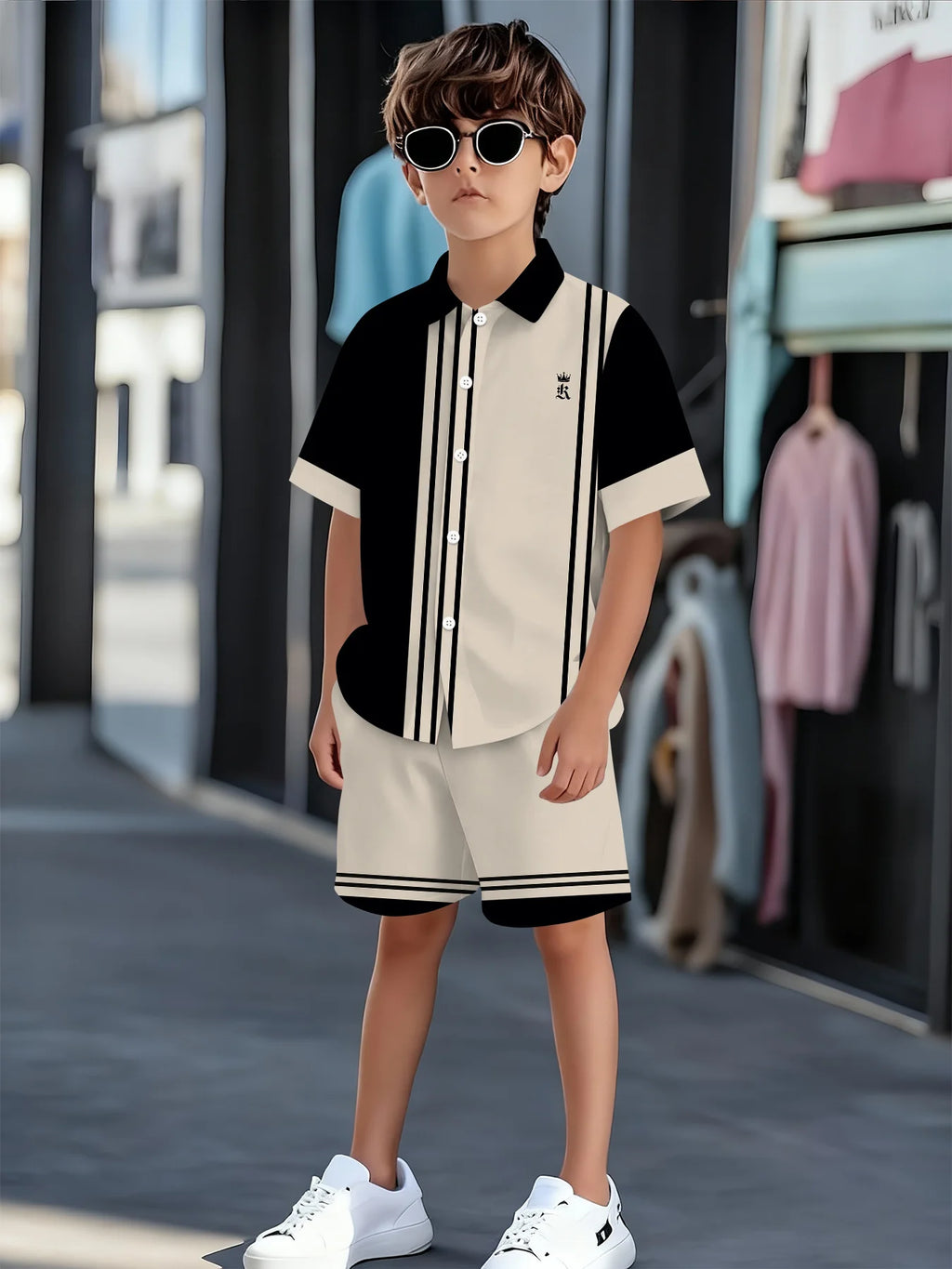 Striped Color Block Printed Boys' Summer Casual clothing
