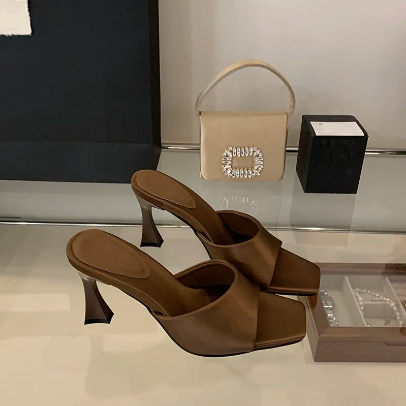 8CM Simple Style Women Slippers Silk Stiletto Heels