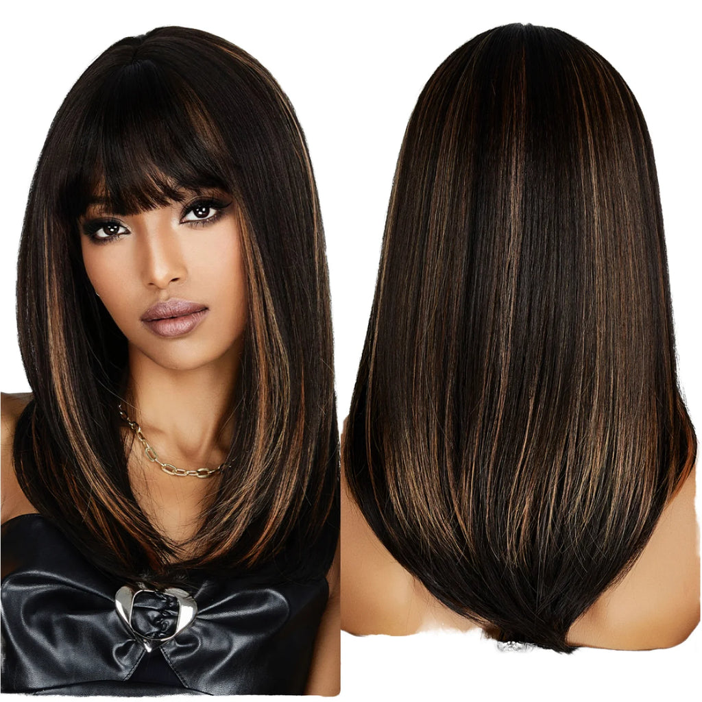 16 Inch Black Brown Shoulder Length Straight Adjustable Wig