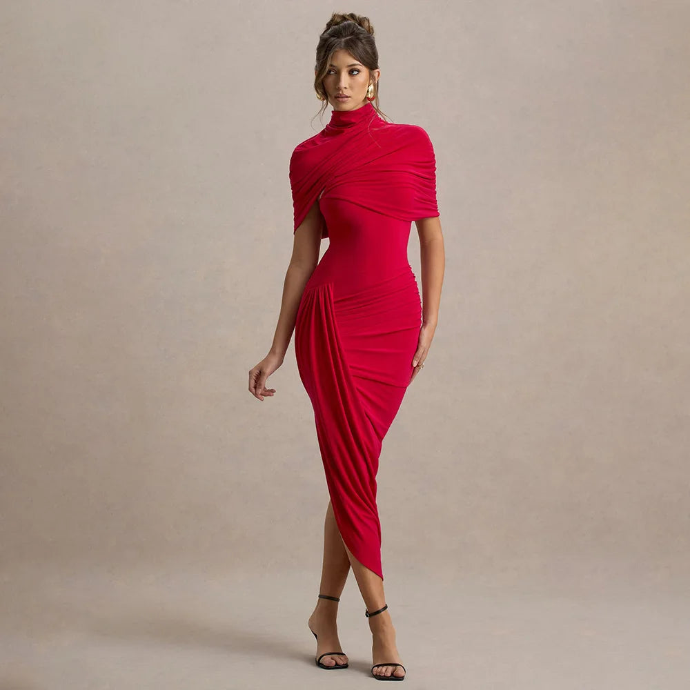 Lady Summer Elegant Party Dress Women Solid High Neck Pleated Maxi Dress