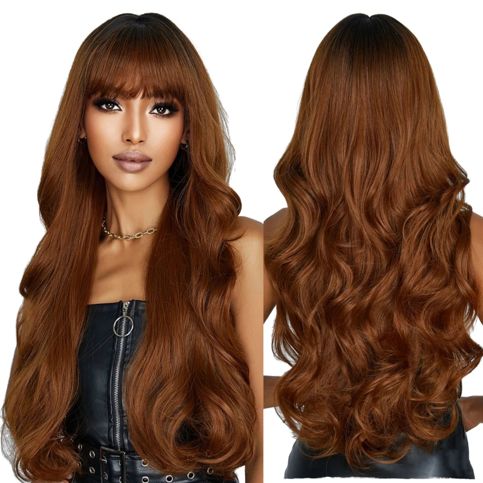 16 Inch Black Brown Shoulder Length Straight Synthetic Heat Resistant Adjustable Wig for Women Natural Hairline Matte Hair