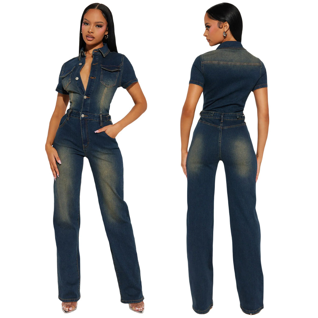 Women's Loose Fit Slim Stretch Washed Denim Straight Jumpsuit