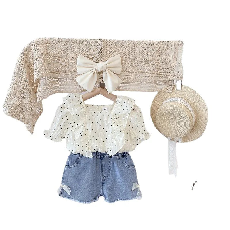 Summer New Girls Suit Cute Ruffled Shirt Top and Denim Shorts Two-piece Set