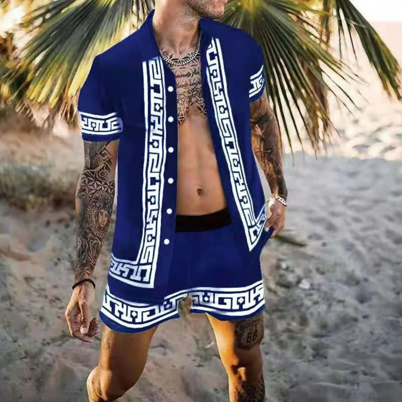 Fashion New Men's Hawaiian Beach Vacation Boho Shorts Shirt