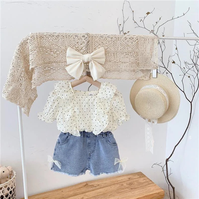 Summer New Girls Suit Cute Ruffled Shirt Top and Denim Shorts Two-piece Set
