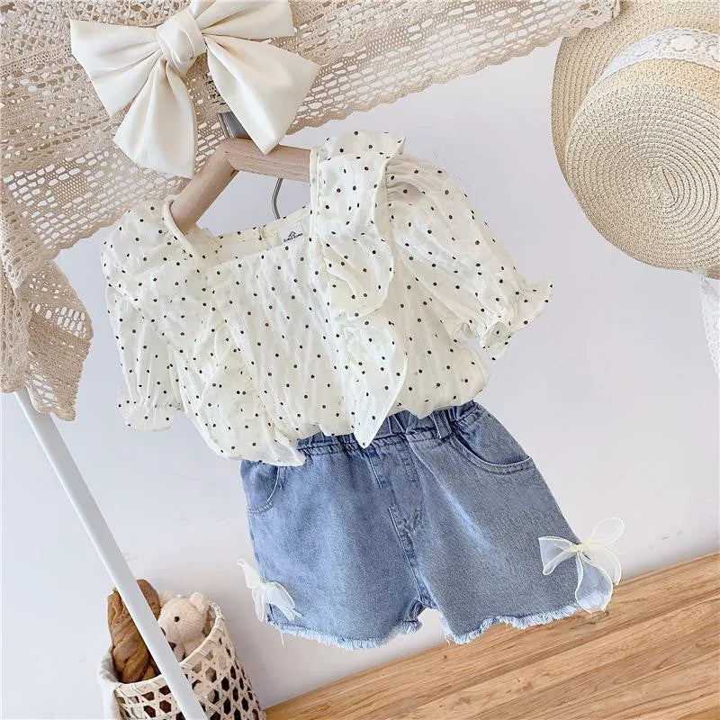 Summer New Girls Suit Cute Ruffled Shirt Top and Denim Shorts Two-piece Set