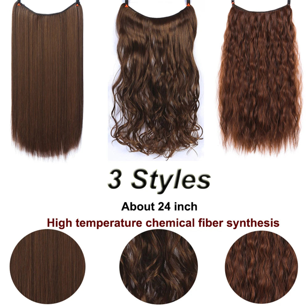 No Clip In Hair Extensions Fish Line Straight Curly Wig