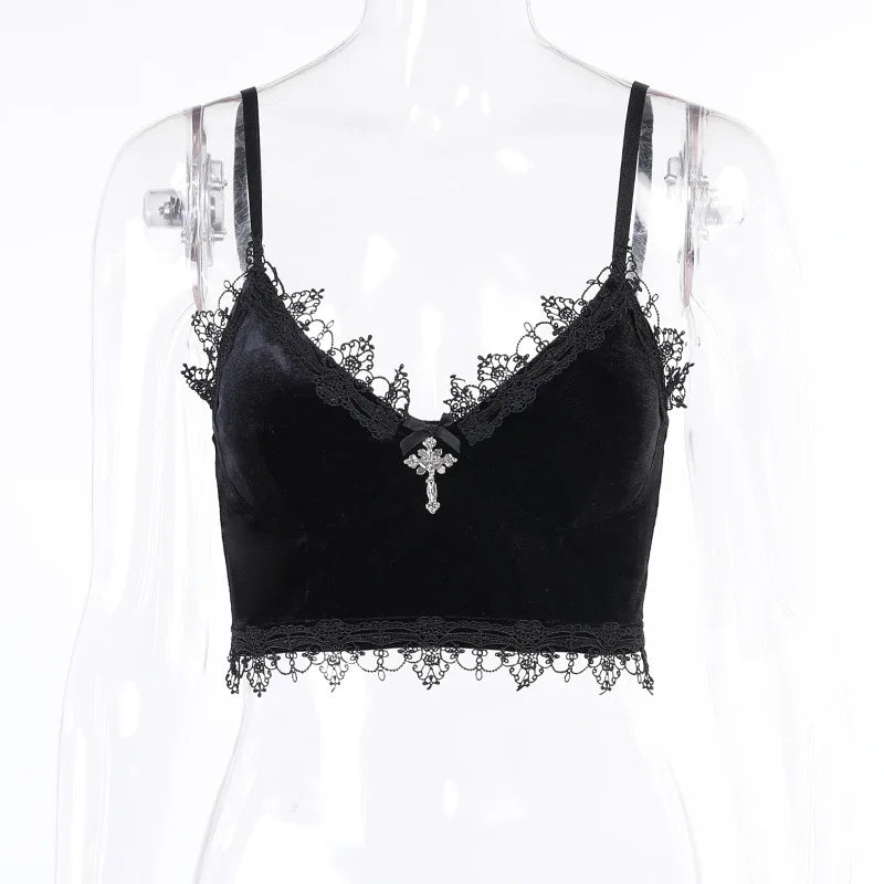 Velvet Mall Goth Crop Tops Black Lace