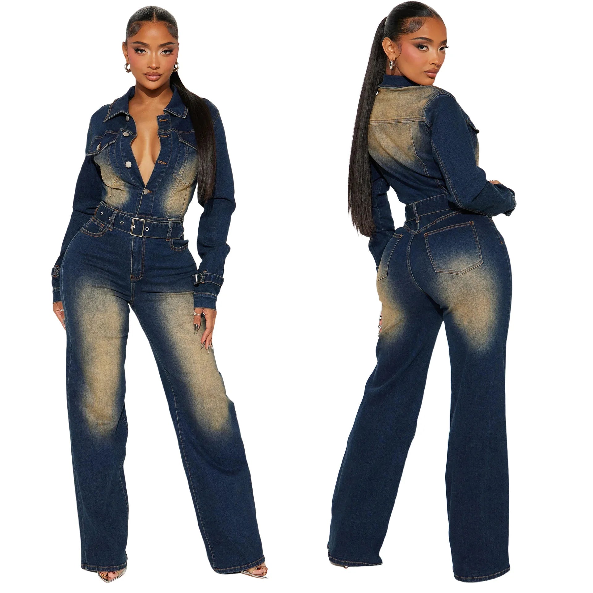 Ladies Casual Washed Denim Jumpsuits
