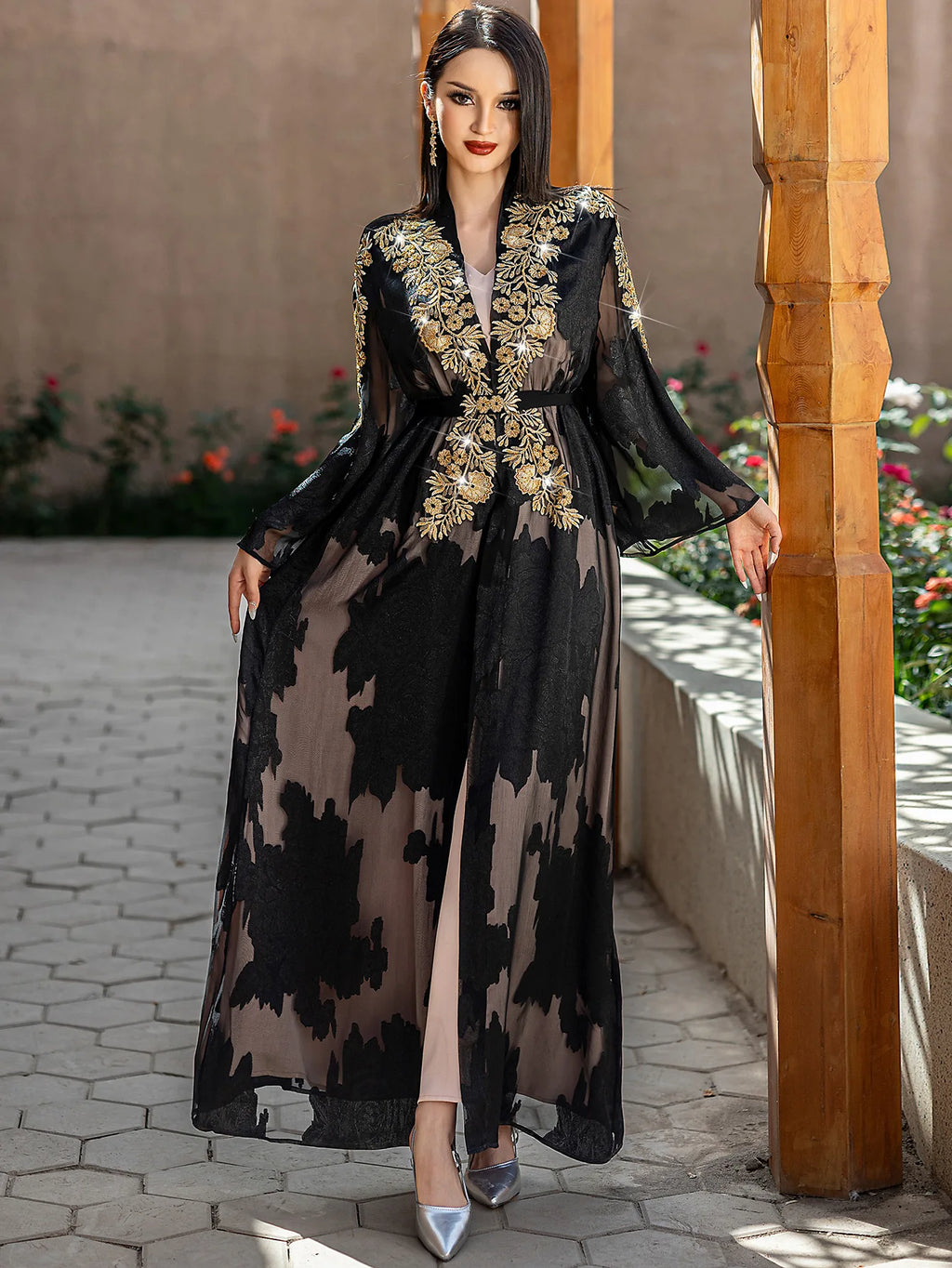 Black Gold Lace Embroidered Abayas