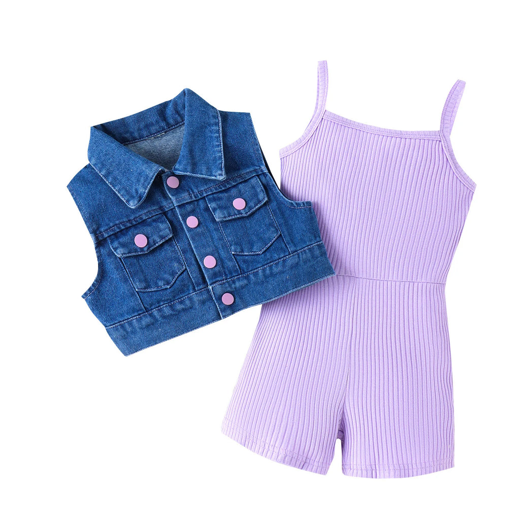 Girls clothing Denim Waistcoat + Jumpsuit 2 Piece Set