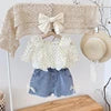 Summer New Girls Suit Cute Ruffled Shirt Top and Denim Shorts Two-piece Set