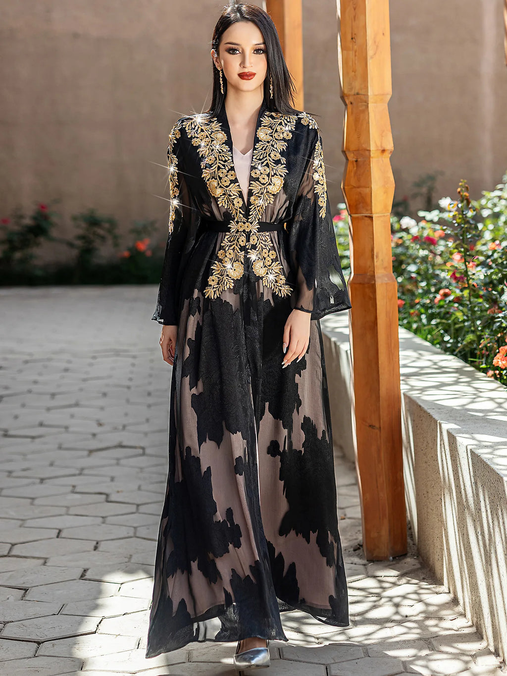 Black Gold Lace Embroidered Abayas
