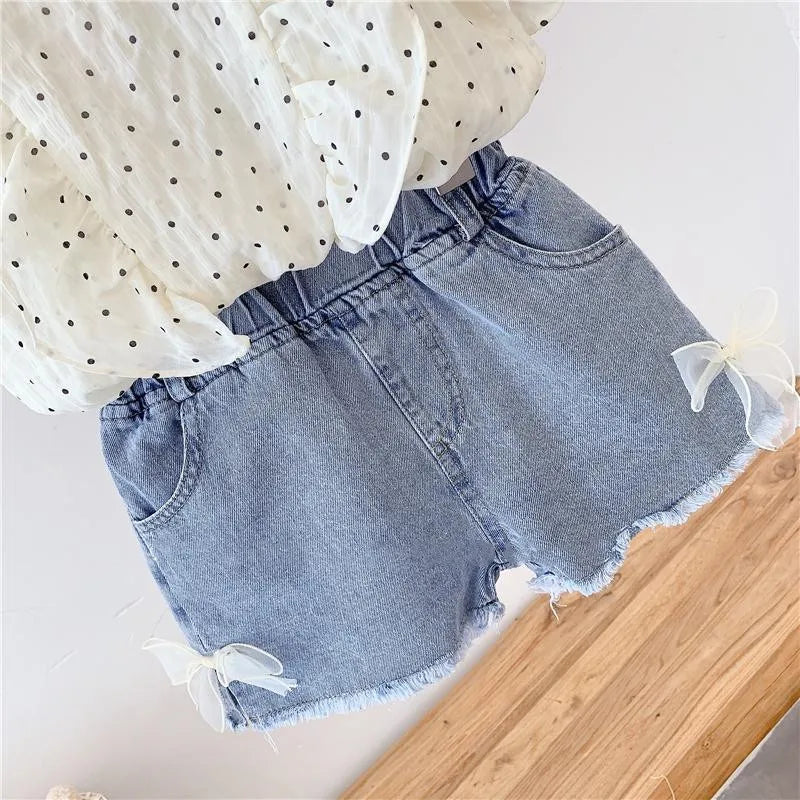 Summer New Girls Suit Cute Ruffled Shirt Top and Denim Shorts Two-piece Set