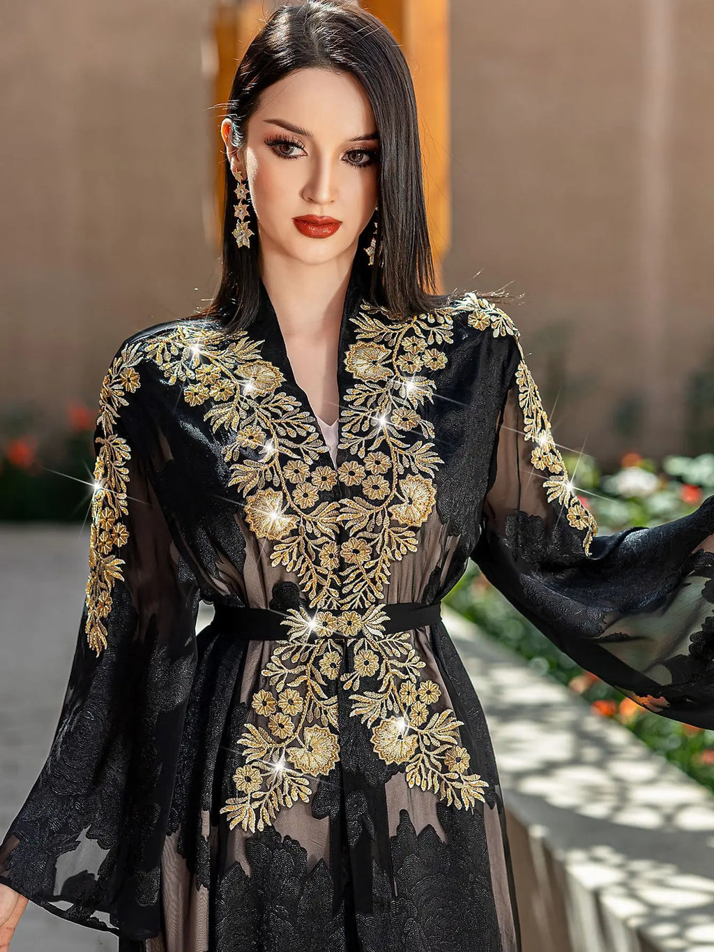 Black Gold Lace Embroidered Abayas