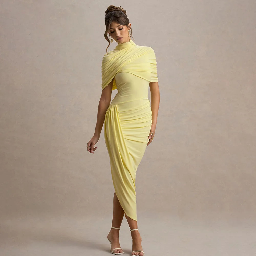 Lady Summer Elegant Party Dress Women Solid High Neck Pleated Maxi Dress