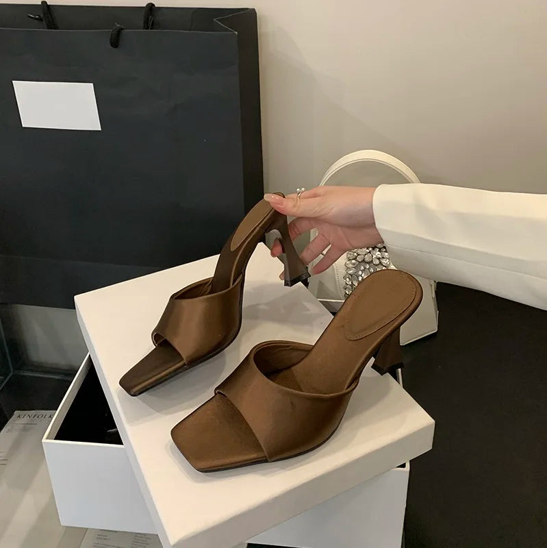 8CM Simple Style Women Slippers Silk Stiletto Heels