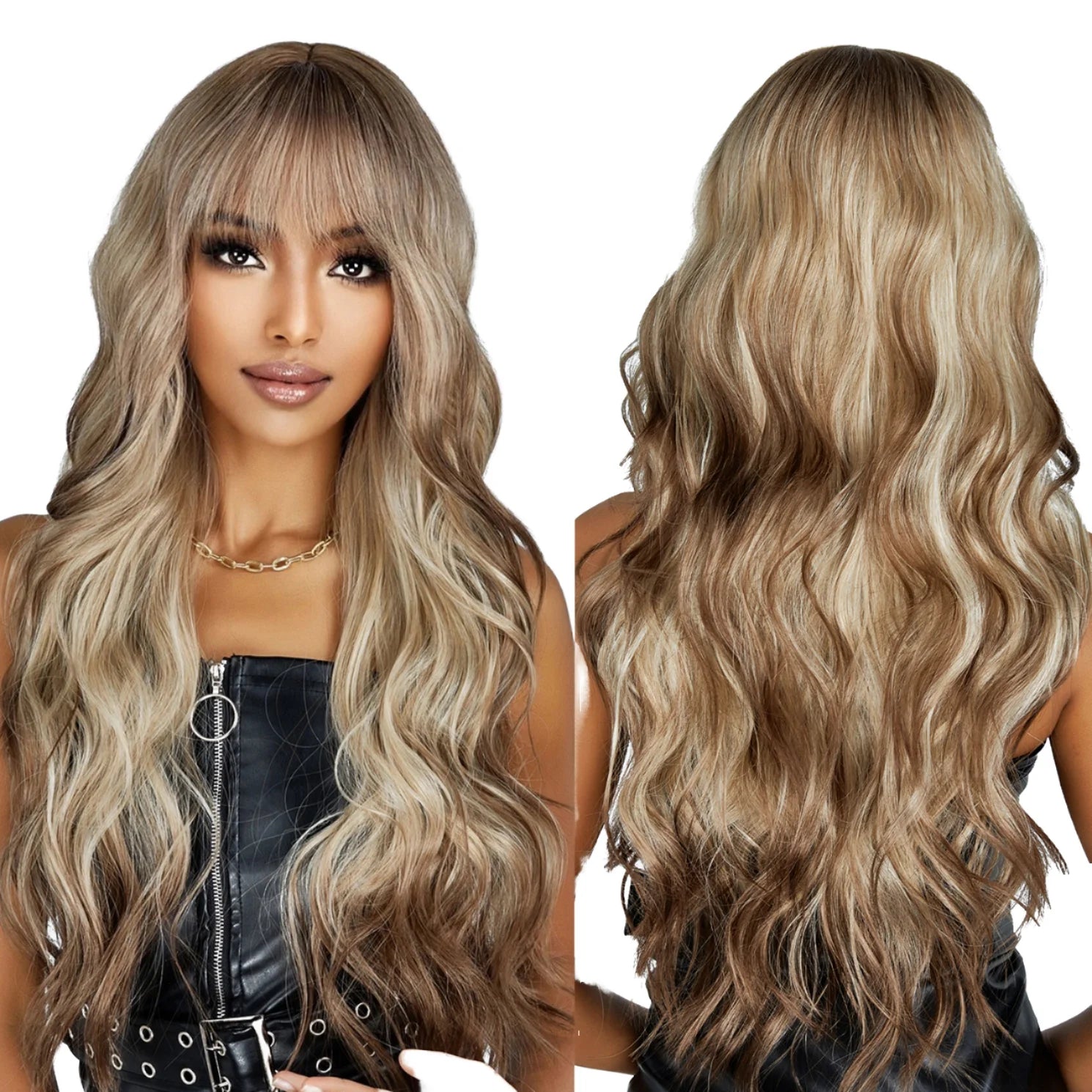 16 Inch Black Brown Shoulder Length Straight Synthetic Heat Resistant Adjustable Wig for Women Natural Hairline Matte Hair