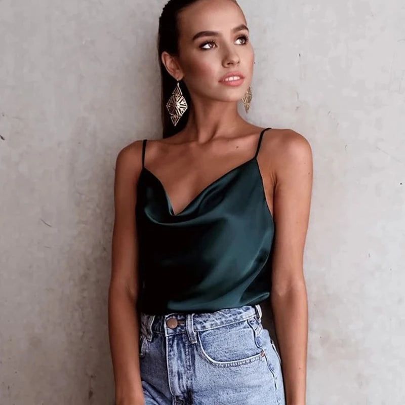 Basic Women Silk-Like Satin Tops Vest