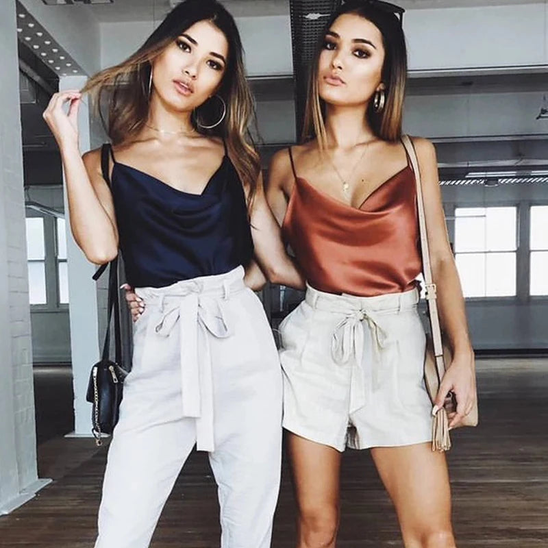 Basic Women Silk-Like Satin Tops Vest