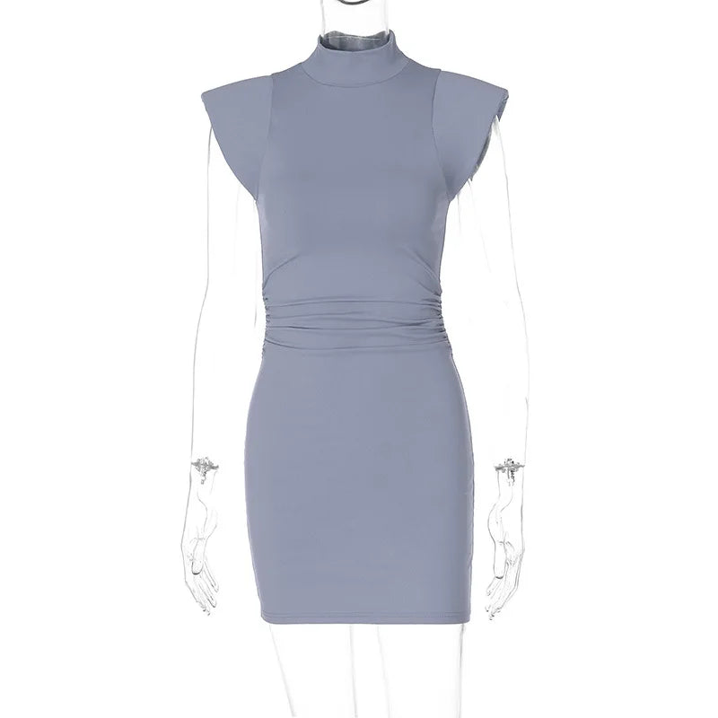 Stand Neck Slim Fit Mini Dress Draped Bodycon Dress for Women