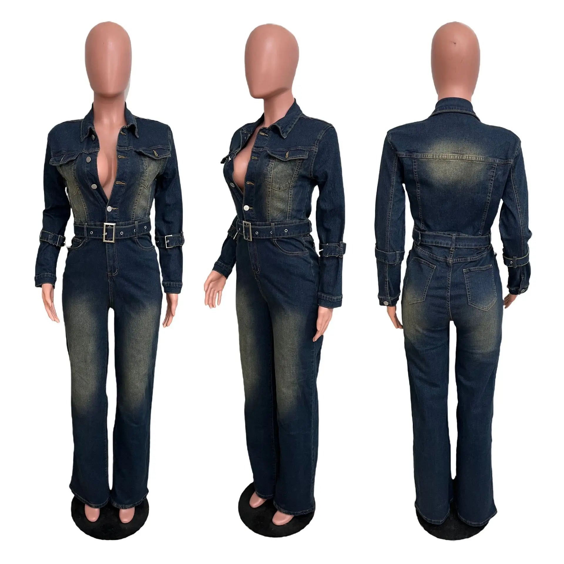 Ladies Casual Washed Denim Jumpsuits