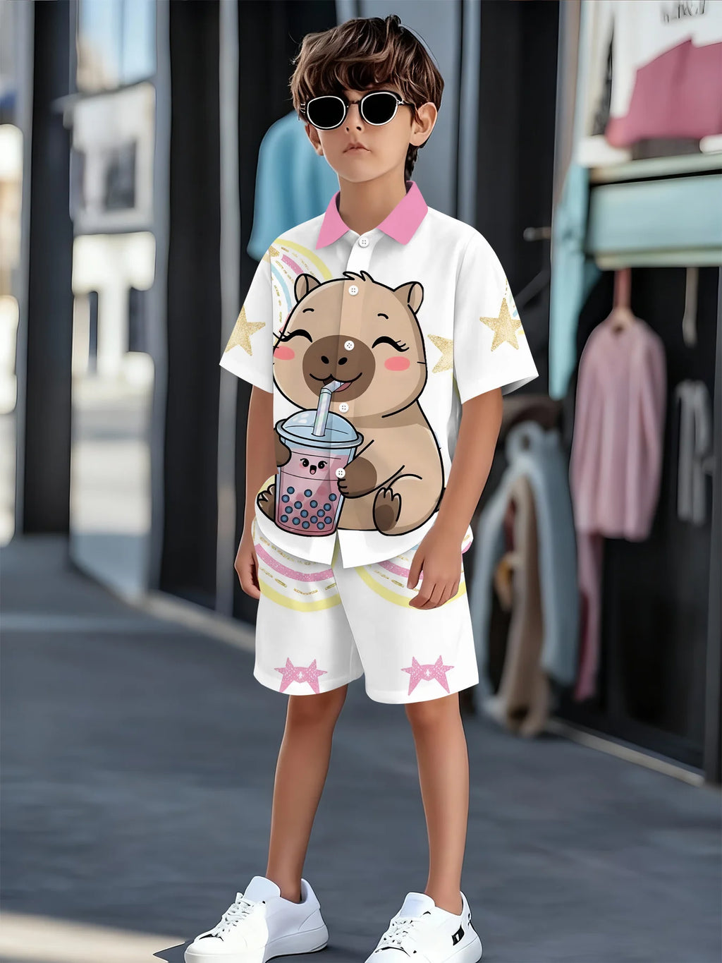 Striped Color Block Printed Boys' Summer Casual clothing