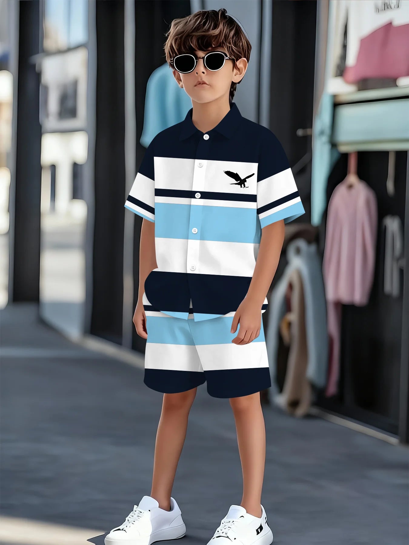 Striped Color Block Printed Boys' Summer Casual clothing