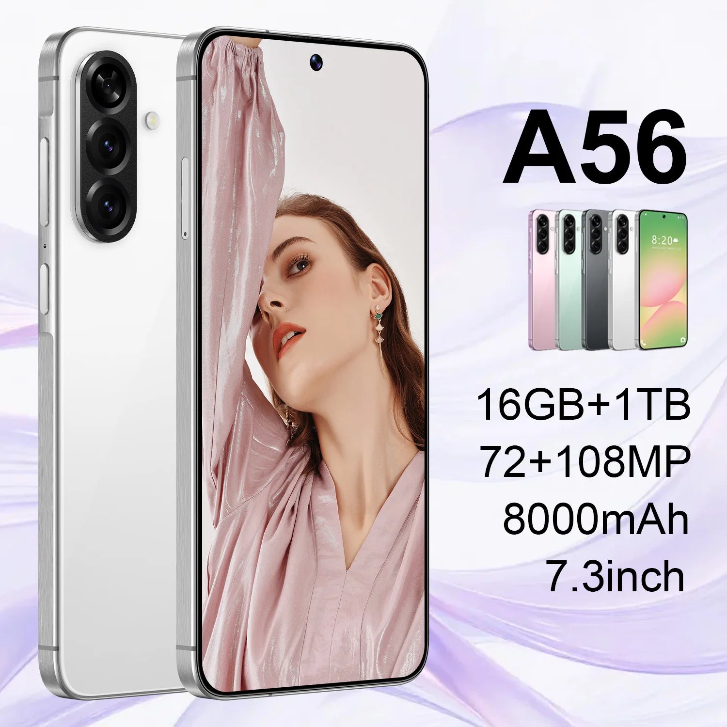 New Design A56 5G Smartphone Deca Core 108MP 16GB 1TB 7.3 Inch HD Display