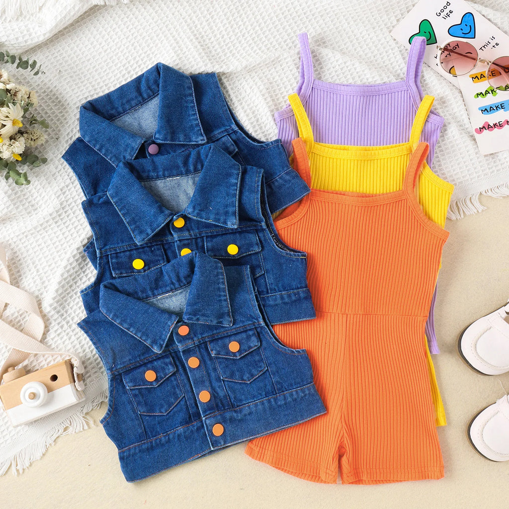 Girls clothing Denim Waistcoat + Jumpsuit 2 Piece Set